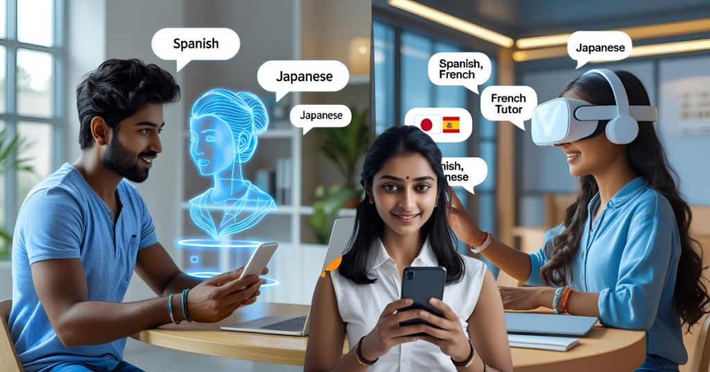 Struggling to Learn a New Language? These 2025 Apps Make It Shockingly Easy! Young adult using a sleek language app with speech bubbles (Spanish, French, Japanese) and futuristic tech like holographic AI and VR, modern take on language learning
